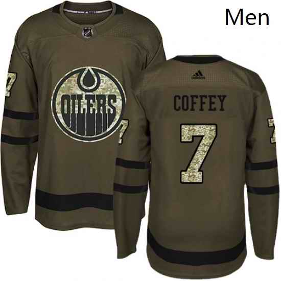 Mens Adidas Edmonton Oilers 7 Paul Coffey Authentic Green Salute to Service NHL Jersey